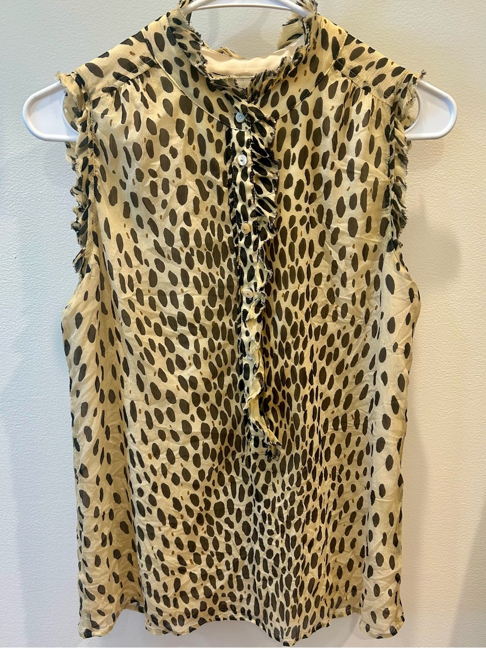 J.CREW 100% Silk Cheetah Leopard Spot Ruffle Sleeveless Blouse Tan Brown 4